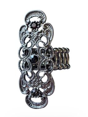 Vintage-Inspired Black Crystal Filigree Stretch Ring - Black